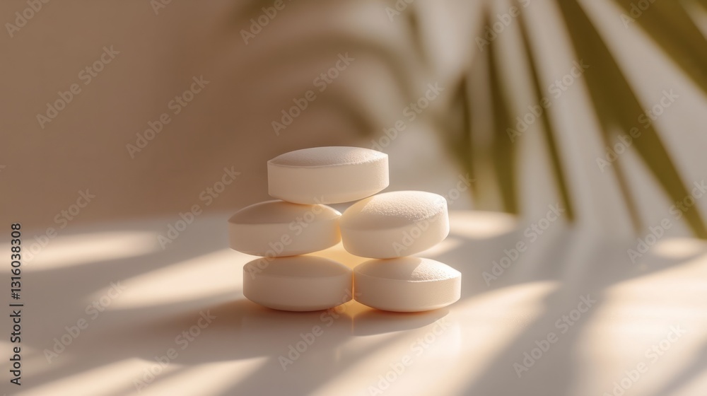 Close-up of white pills stacked neatly on a smooth, minimalist table with a subtle light reflection Close-up of white pills stacked neatly on a smooth, minimalist table with a subtle light reflection