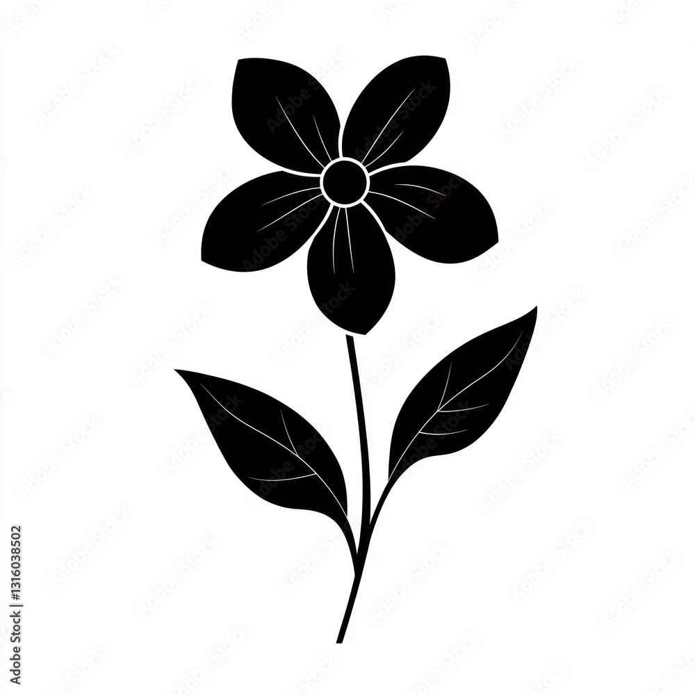 Fototapeta premium Simple black flower illustration, white background, design element (2)