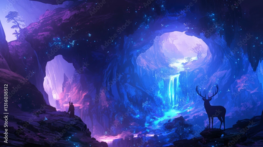 Obraz premium Enchanting Cave Waterfall with Deer and Silhouetted Figure