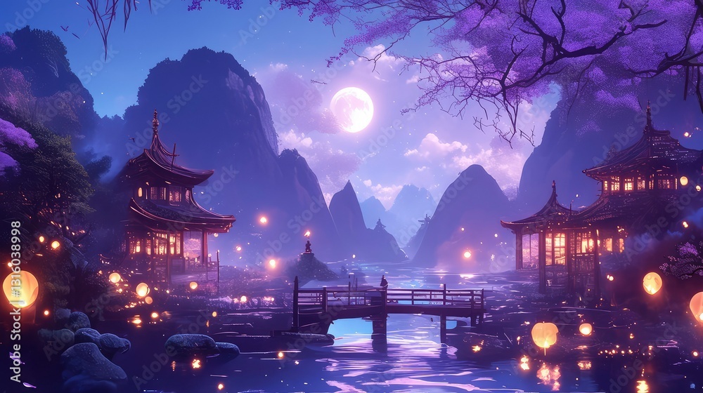 Fototapeta premium Serene Night in a Fantasy Asian Landscape with Illuminated Temples and Moonlit Bridge