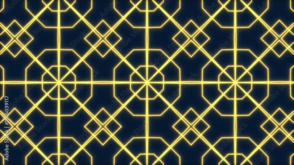 Kaleidoscopic pattern with glowing neon lights in a seamless looping animation background