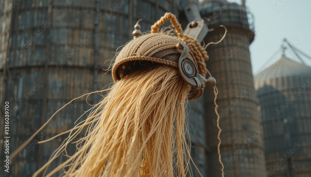 Unique handcrafted straw headdress detail shot against rustic industrial backdrop Unique handcrafted straw headdress detail shot against rustic industrial backdrop