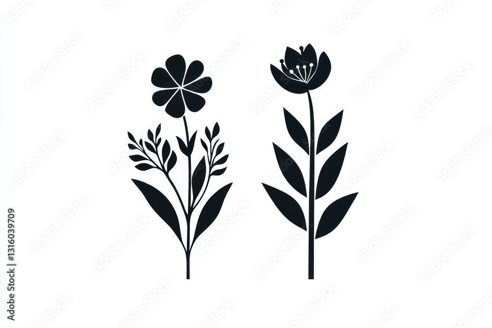 Simple floral silhouettes, white background, design element Simple floral silhouettes, white background, design element