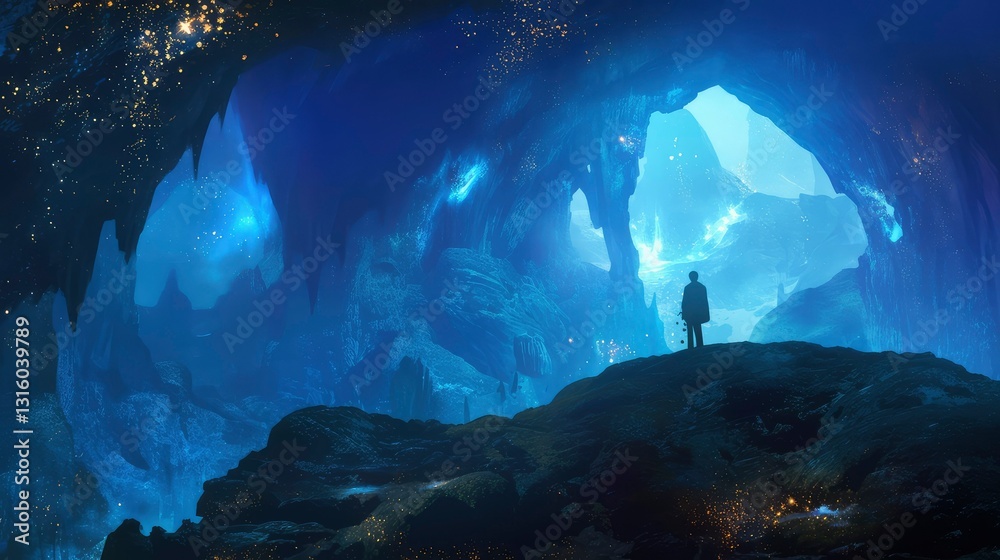 Obraz premium Solitary Figure Contemplating a Glowing Crystal Cave