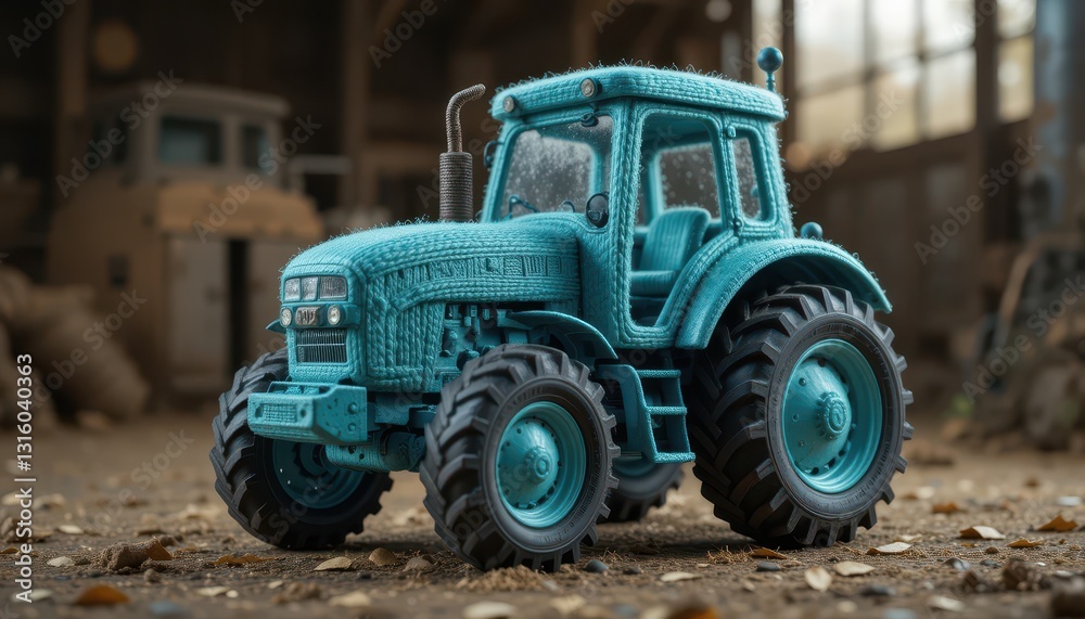 Fototapeta premium Turquoise Tractor Model in Rustic Setting Detailed Agricultural Machine