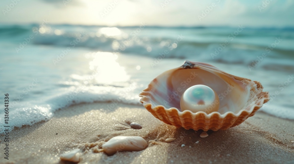 Orange Seashell With Pearl on the Shoreline Bathed in Sunset Light Orange Seashell With Pearl on the Shoreline Bathed in Sunset Light