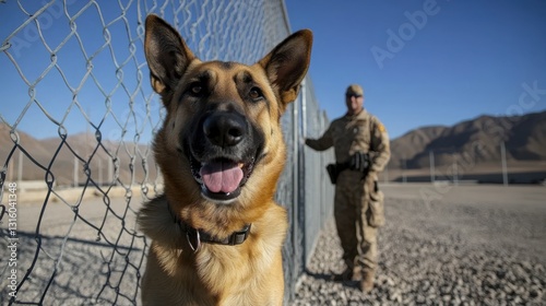 A cheerful dog stands by a chain-link fence with its handler nearby, embodying a blend of joyful companionship and professional duty.