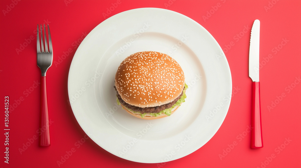 Juicy burger on a white plate, showcasing simplicity and indulgence in every bite. Juicy burger on a white plate, showcasing simplicity and indulgence in every bite.