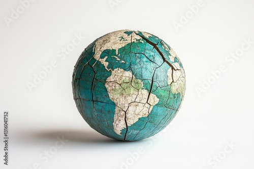 Fototapeta Naklejka Na Ścianę i Meble -  A cracked globe illustration emphasizing environmental concerns and global challenges. The distressed surface reflects urgent issues related to sustainability and nature.