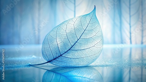 Serene Blue Leaf on Reflective Surface, a Symbol of Nature's Delicate Beauty and Tranquil Serenity