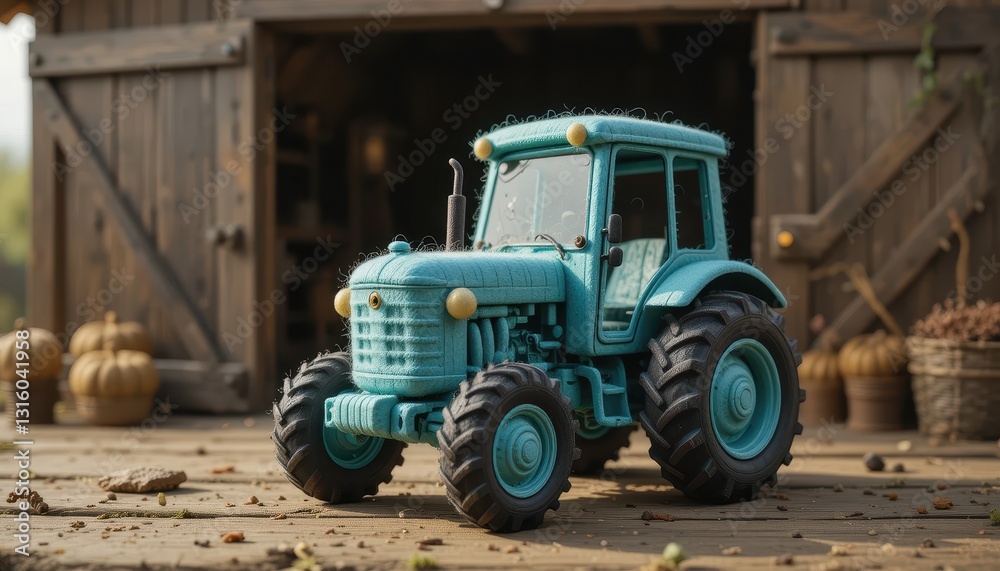 Fototapeta premium Blue Toy Tractor near Rustic Barn Autumnal Scene Farm Lifestyle