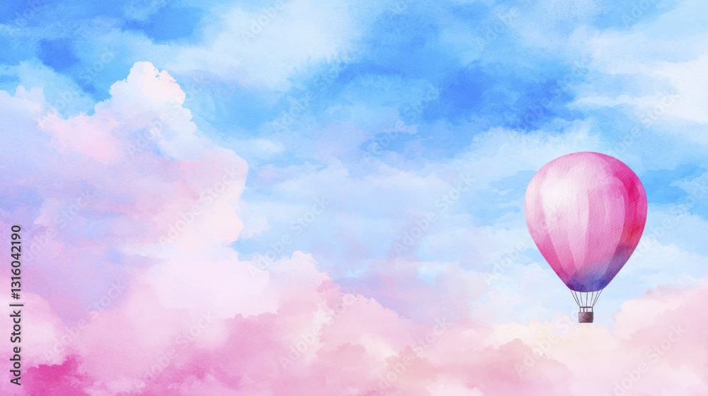 Fototapeta premium serene watercolor illustration of hot air balloon floating in pastel sky filled with fluffy clouds, evoking sense of tranquility and adventure