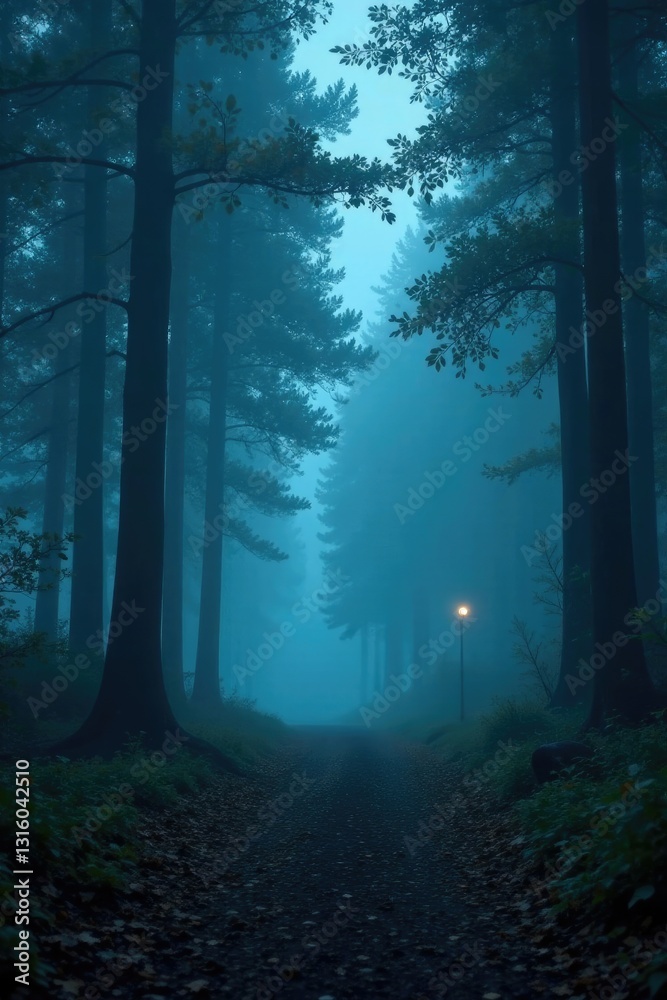 Fototapeta premium A thick fog veils a mystical forest at twilight, fog, twilight, nature
