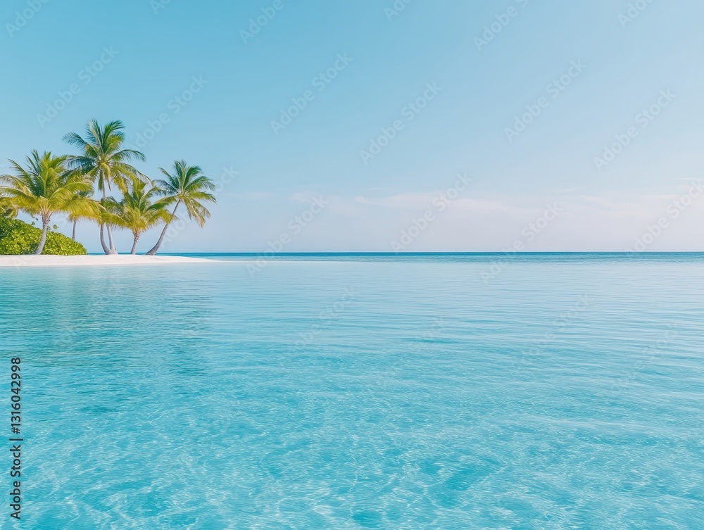 Serene tropical beach with clear turquoise water and palm trees under a blue sky Serene tropical beach with clear turquoise water and palm trees under a blue sky