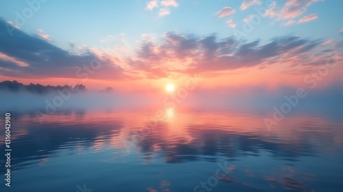 Light pastel mist rising gracefully from peaceful water beneath a soft blue sky
