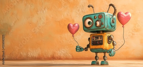 On a beige background, a robot can be seen clutching a balloon shaped like a heart, complete with a tiny red robotic heart at the balloon's terminus