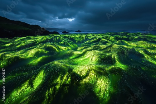 The depth of the sea enhanced by floating patterns of glowing green algae.
