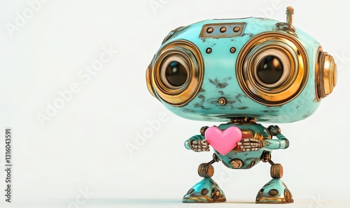 A delightful robot with a pastel hue and a heart, boasting a whimsical design and a friendly demeanor that embodies love and warmth in a lively, fanciful manner