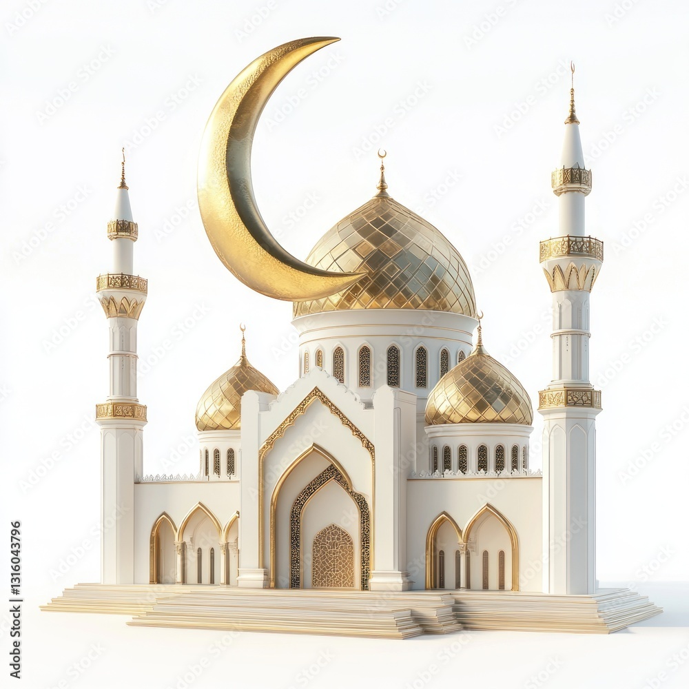 Fototapeta premium Golden crescent moon over white mosque.