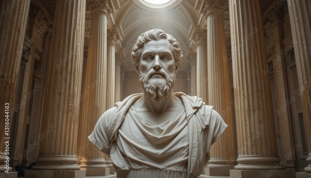 Naklejka premium Majestic Marble Bust of Ancient Greek Philosopher in Grand Classical Hallway