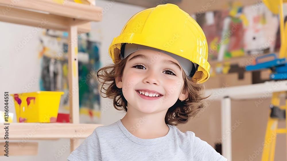 A child joyfully playing with colorful paint while wearing a yellow hard hat in a vibrant art environment A child joyfully playing with colorful paint while wearing a yellow hard hat in a vibrant art environment