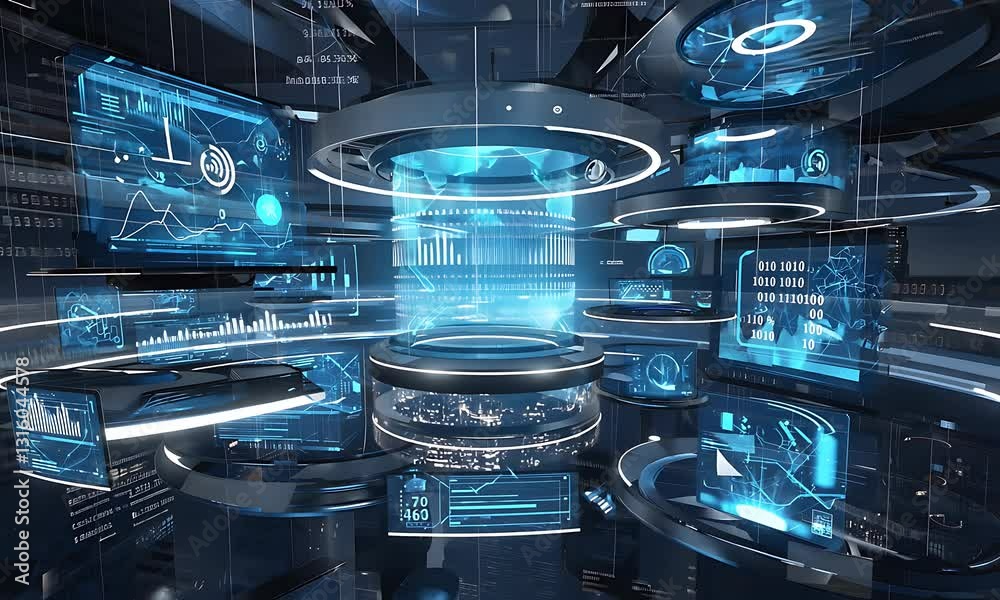 Futuristic data center displays, interactive screens, data visualization, interior