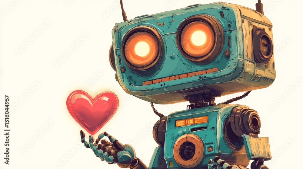 Fototapeta premium A robot character embodying joy, grasping hearts to symbolize affection and camaraderie