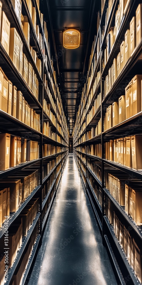 A modern archive storage setting with neatly organized files on shelves, creating a well-lit corridor for easy access to documents and efficient retrieval. A modern archive storage setting with neatly organized files on shelves, creating a well-lit corridor for easy access to documents and efficient retrieval.