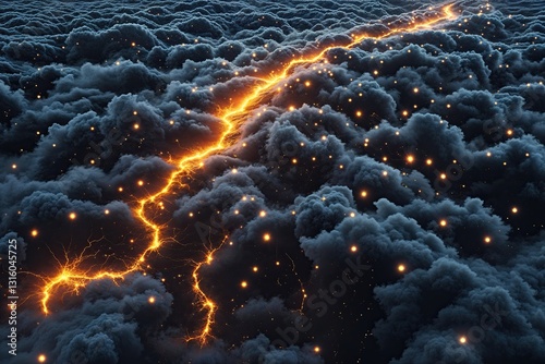 Vibrant Charcoal Landscape Illuminated by Electric Luminous Dots