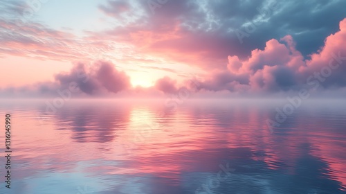 Dreamy pastel mist rising softly from a calm water surface under a serene blue sky