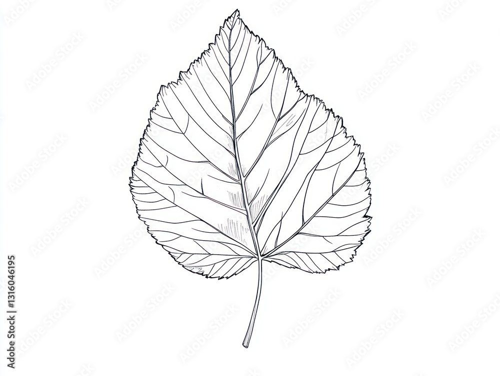 Obraz premium Single leaf line drawing, botanical illustration, white background, nature study