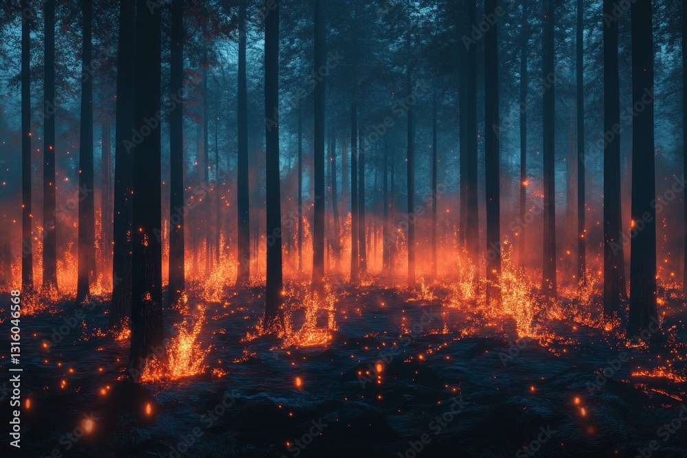 Surreal Forest Landscape with Fiery Embers and Smoky Atmosphere Surreal Forest Landscape with Fiery Embers and Smoky Atmosphere