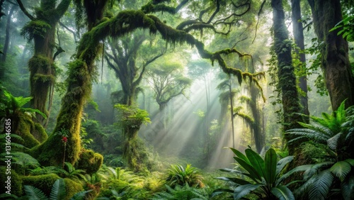 Sunbeams Illuminate Lush Rainforest Canopy, Ancient Trees Draped in Moss, Tranquil and Mysterious Atmosphere