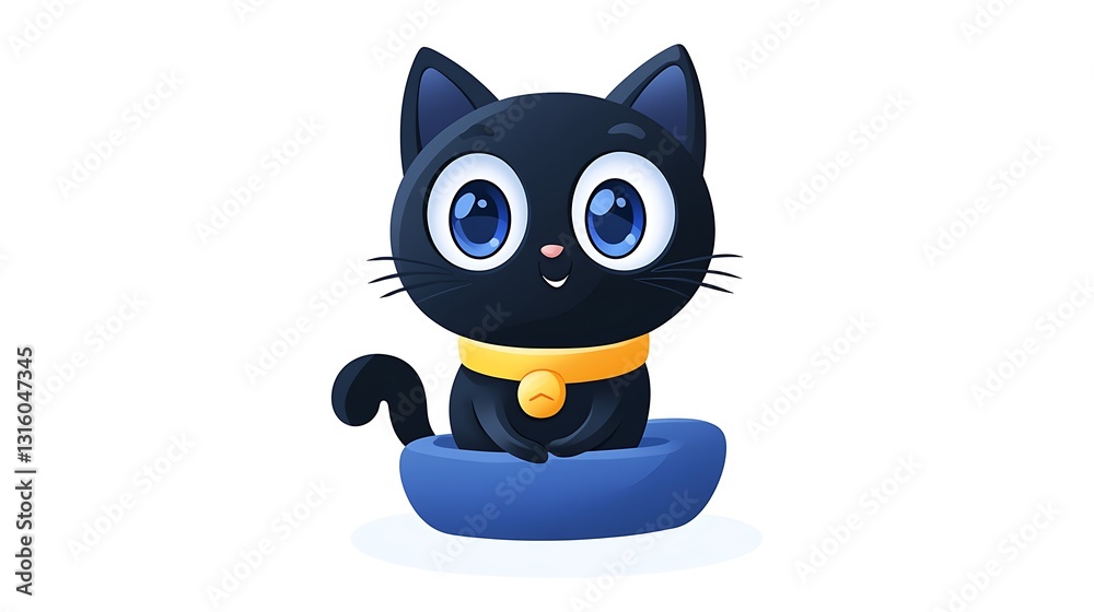 Fototapeta premium Adorable Black Kitten in Blue Bed: Digital Illustration AI Generated