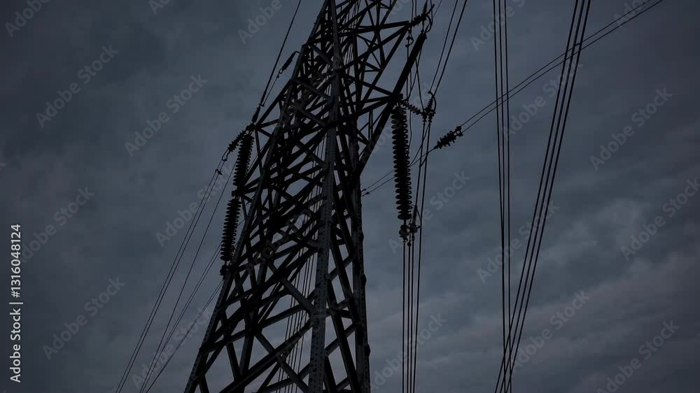 Dramatic low-angle video shot of a power line tower against a stormy sky, capturing a lightning strike. Dark, moody atmosphere with intense energy.