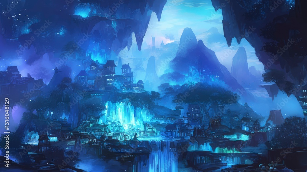 Obraz premium Enchanting Blue Cave City Fantasy Landscape with Waterfalls and Ancient Architecture