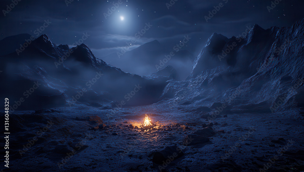 Naklejka premium Nighttime campfire in a desolate, mountainous landscape.