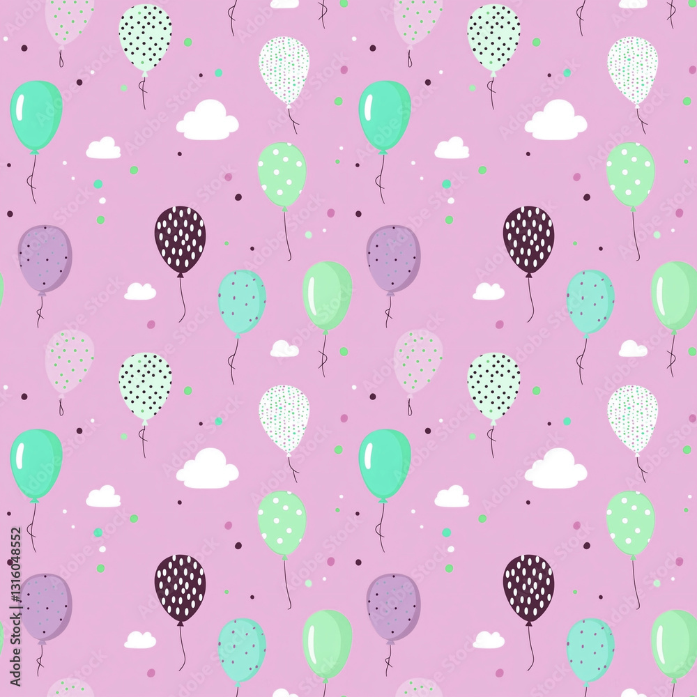 Colorful pattern of balloons and clouds on light purple background for festive occasions and celebrations Colorful pattern of balloons and clouds on light purple background for festive occasions and celebrations