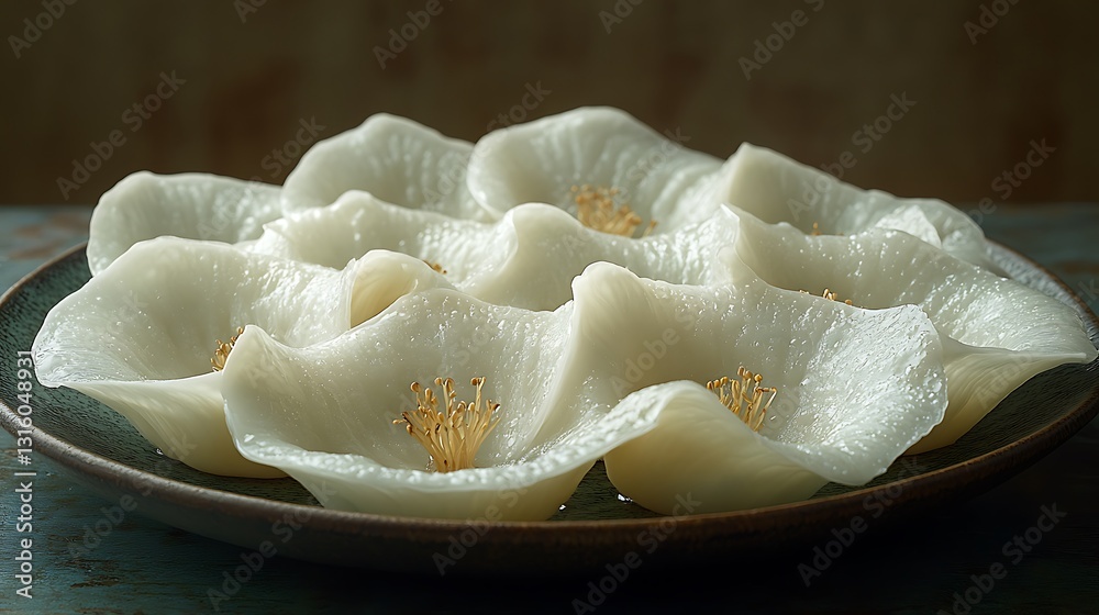Artful arrangement of dumplings glowing softly with a dark plate enhancing the contrast Artful arrangement of dumplings glowing softly with a dark plate enhancing the contrast