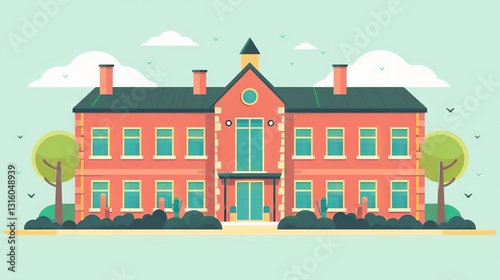 Modern school building in flat design style with bright colors, featuring classrooms, playground, and educational environment for learning and development