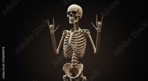 Skeletal Rock 'n' Roll: A 3D Render of a Skeleton Making the Rock On Hand Gesture Against a Dark Background