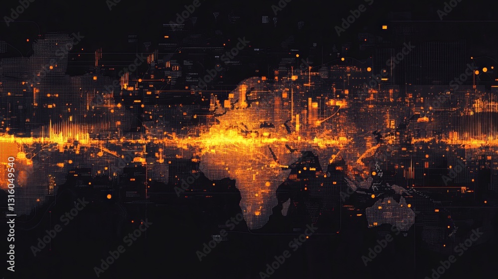 Fototapeta premium This abstract illustration showcases a global network visualization in vibrant orange and deep black tones, capturing the essence of digital communication and connectivity.