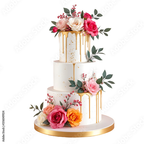 Elegant White and Gold Wedding Cake with Pink Peonies