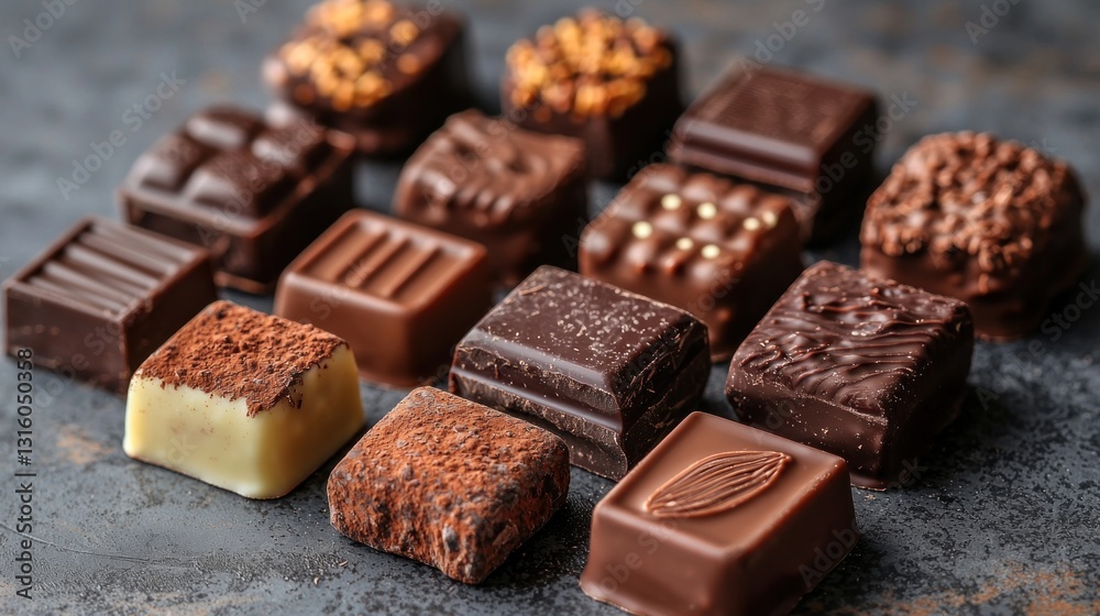 Assorted chocolates on a gray surface create delicious dessert squares. Rich, tempting treat for the taste buds Assorted chocolates on a gray surface create delicious dessert squares. Rich, tempting treat for the taste buds