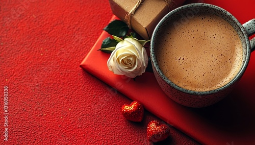 The Saint Valentine's Day concept is illustrated through a top view photo of gift boxes adorned with ribbon bows, accompanied by white roses and a cup of fresh coffee on an isolated red background