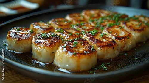 Exquisite dumplings with a golden brown finish highlighted against a dark plate