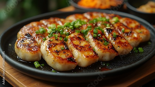 Exquisite dumplings with a golden brown finish highlighted against a dark plate