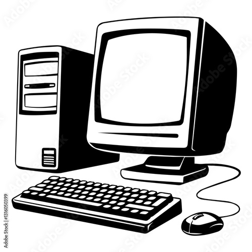 This image is a black-and-white vector illustration of a desktop computer setup. It includes a monitor, a CPU tower, a keyboard, and a wired mouse. The design is minimalistic, with solid black shapes 