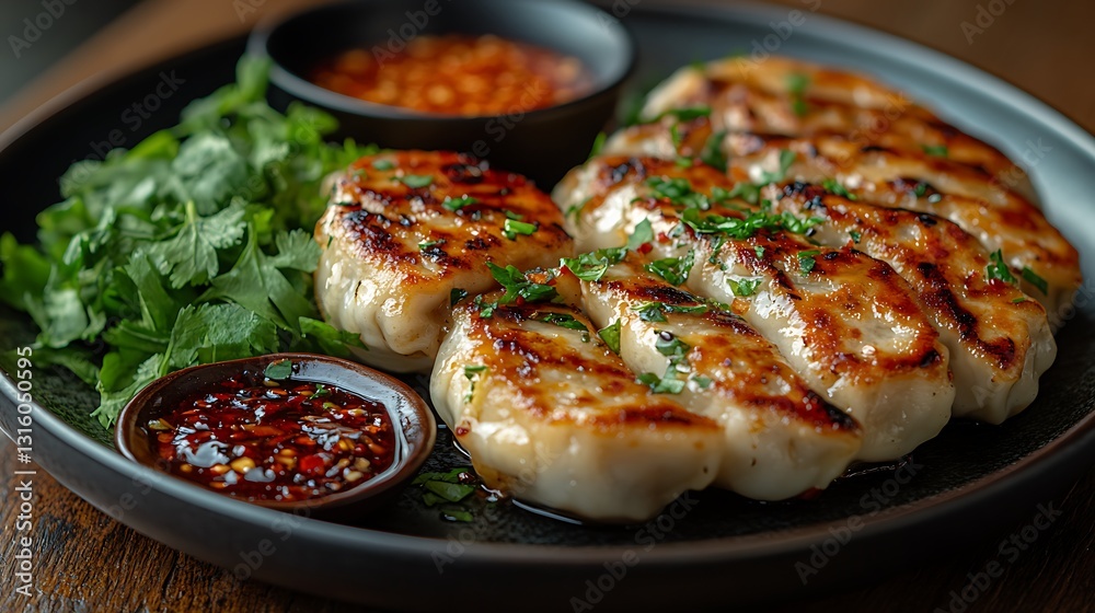 Carefully crafted dumplings with a golden hue served on a dark plate with fresh greens Carefully crafted dumplings with a golden hue served on a dark plate with fresh greens