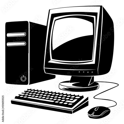 This image is a black-and-white vector illustration of a desktop computer setup. It includes a monitor, a CPU tower, a keyboard, and a wired mouse. The design is minimalistic, with solid black shapes 